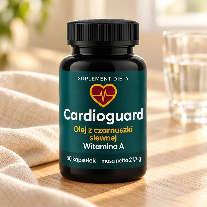 Cardioguard – słoiczek na drewnianym stole obok szklanki wody