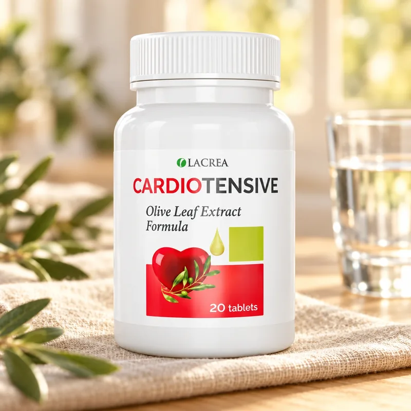Cardiotensive – słoiczek na lnianej serwetce obok gałązek oliwnych i szklanki wody