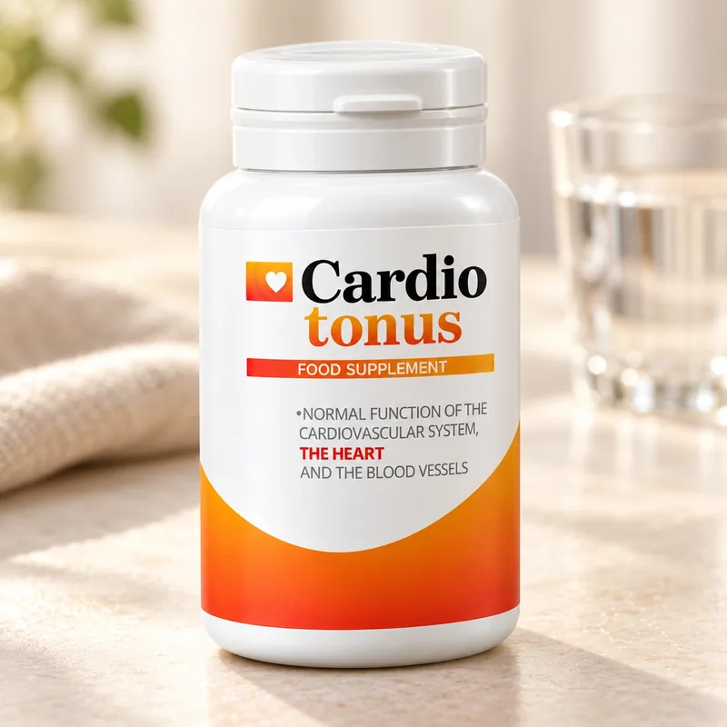 Cardiotonus – słoiczek na jasnym blacie obok szklanki wody