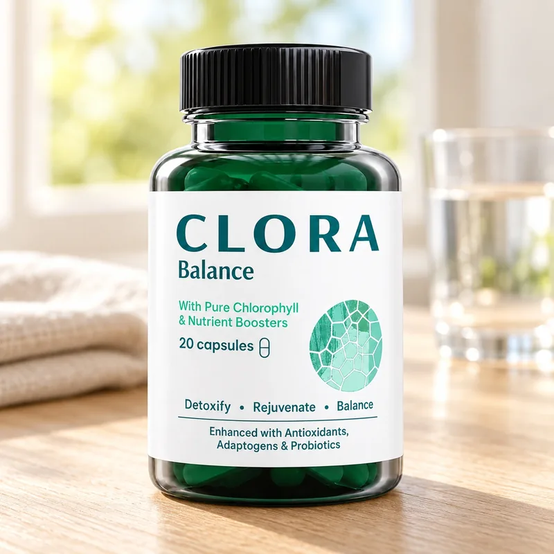 Clora Balance – słoik kapsułek na stole obok szklanki wody