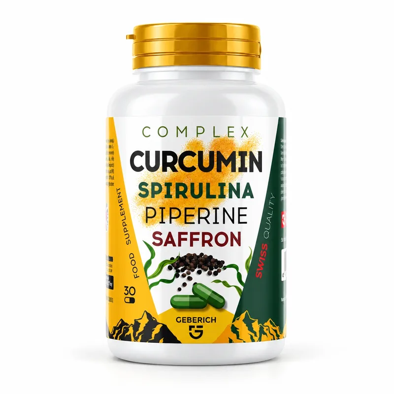 Curcuma Complex – słoik kapsułek z kurkuminą, spiruliną i szafranem
