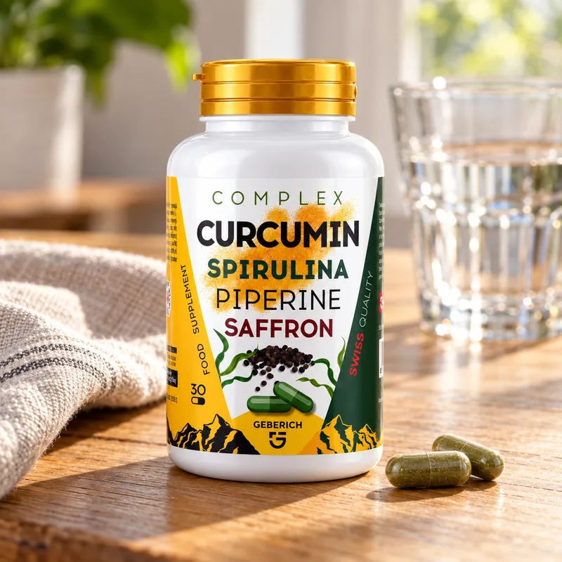 Curcuma Complex – słoik i kapsułki na drewnianym stole