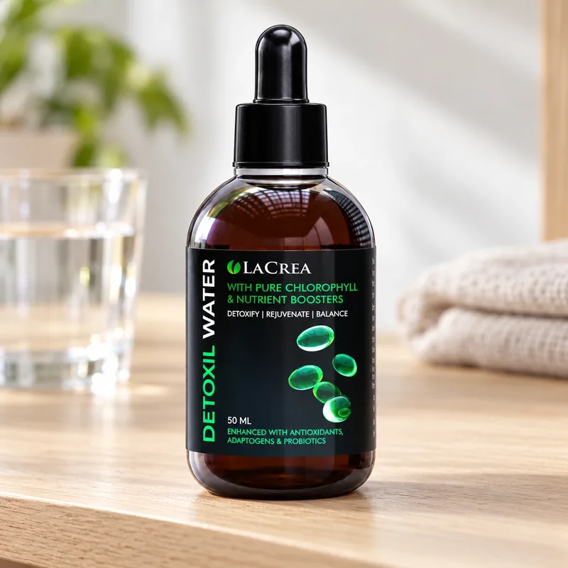 Detoxil Water – krople na stole obok szklanki wody