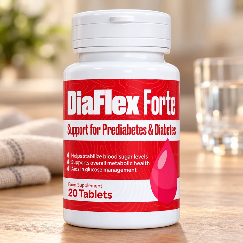 DiaFlex Forte – słoik tabletek na stole obok szklanki wody