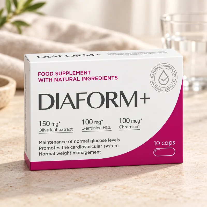 DIAFORM+ – pudełko na tkaninie obok szklanki wody