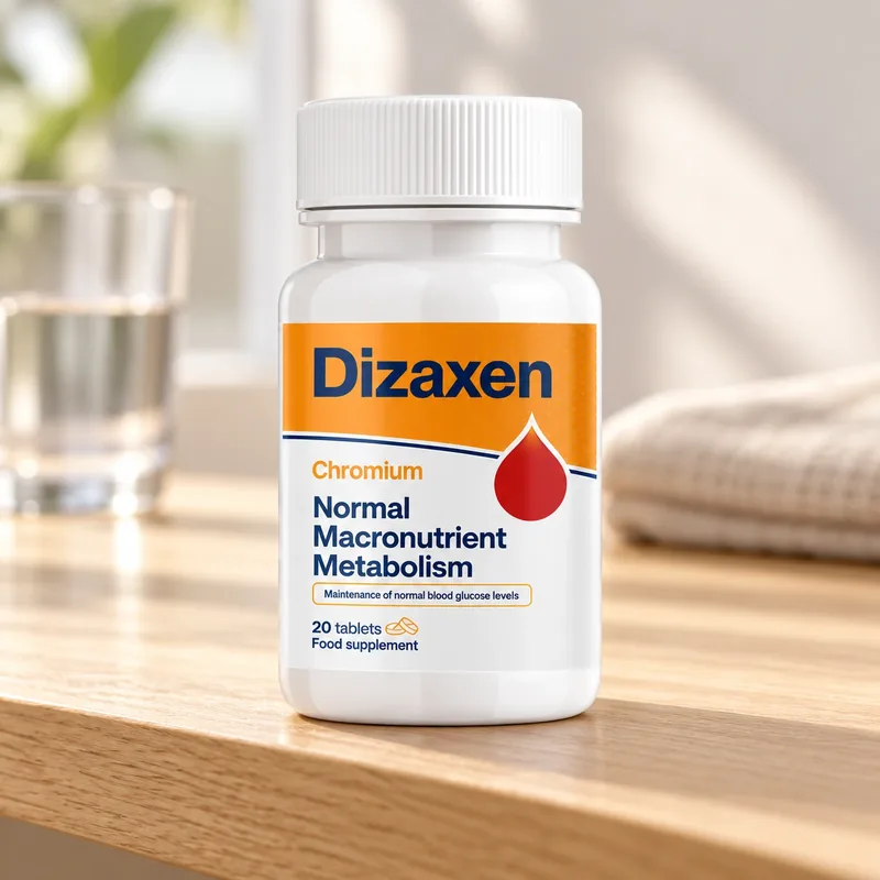 Dizaxen – słoik tabletek na drewnianym stole