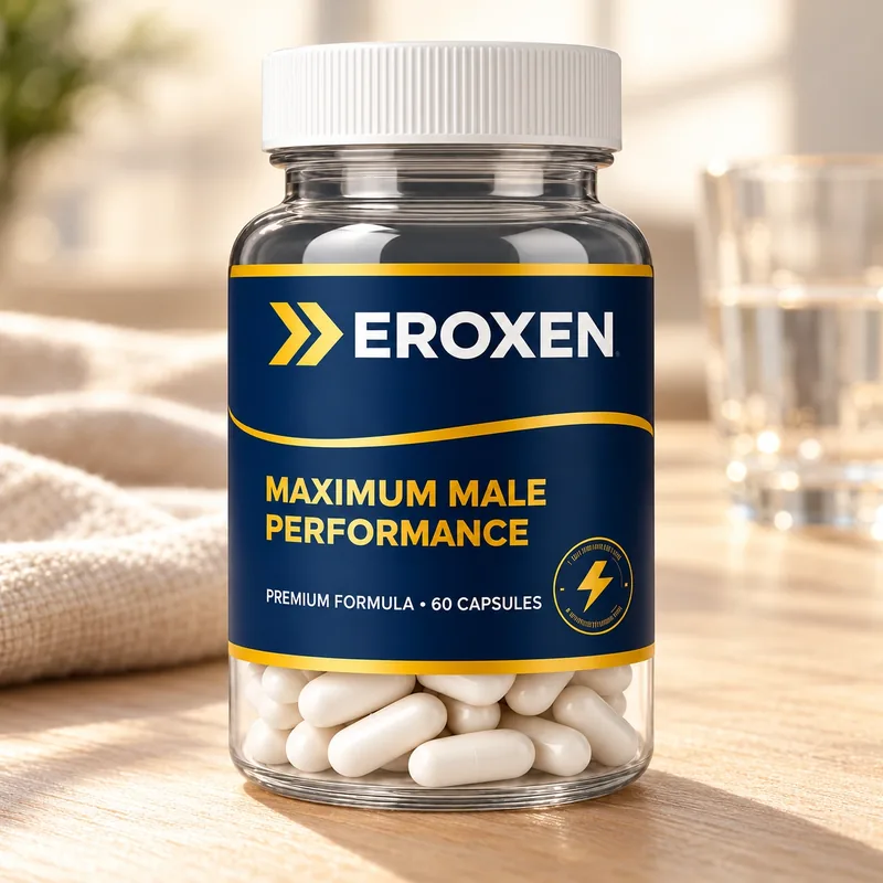 Eroxen – opakowanie na drewnianym blacie obok szklanki wody