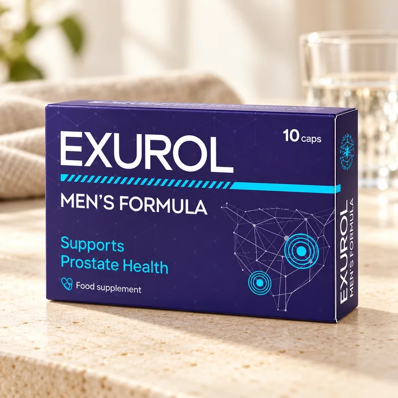 Exurol – pudełko na stole obok szklanki wody