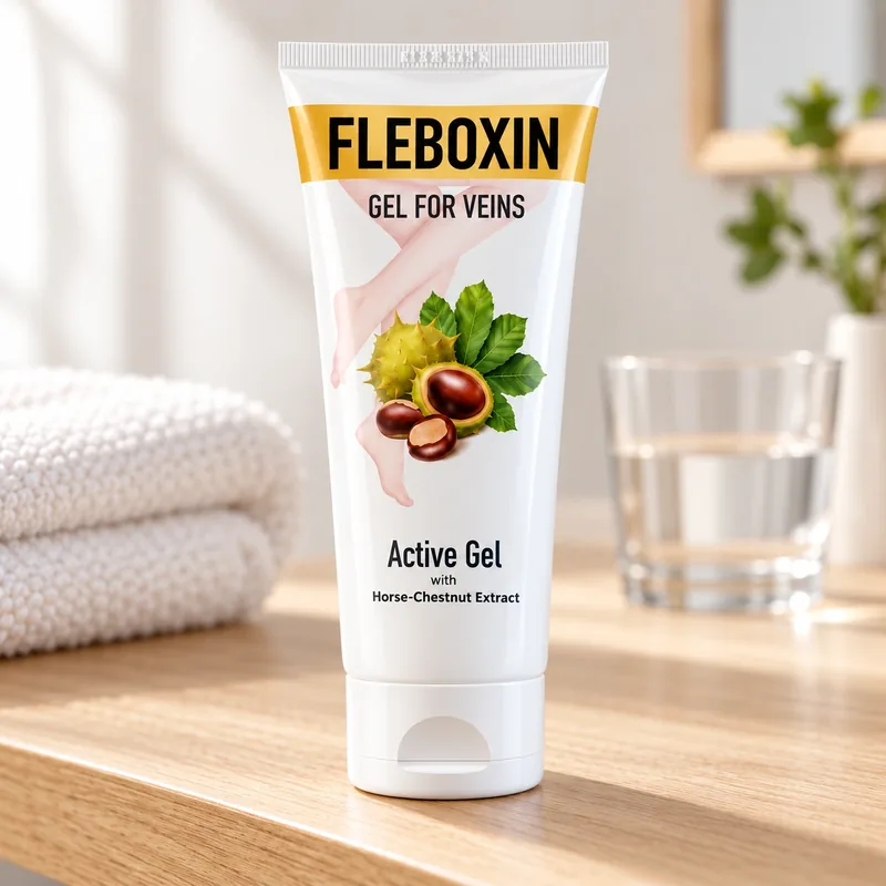 Fleboxin – tubka żelu na drewnianej półce obok ręcznika