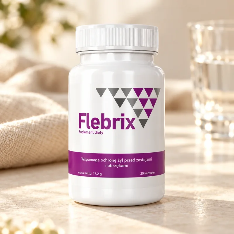 Flebrix – słoiczek na jasnym blacie obok szklanki wody