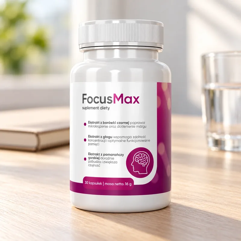 FocusMax – słoik kapsułek obok szklanki wody