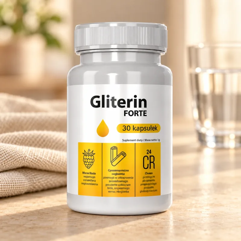 Gliterin Forte – słoik kapsułek na stole obok szklanki wody