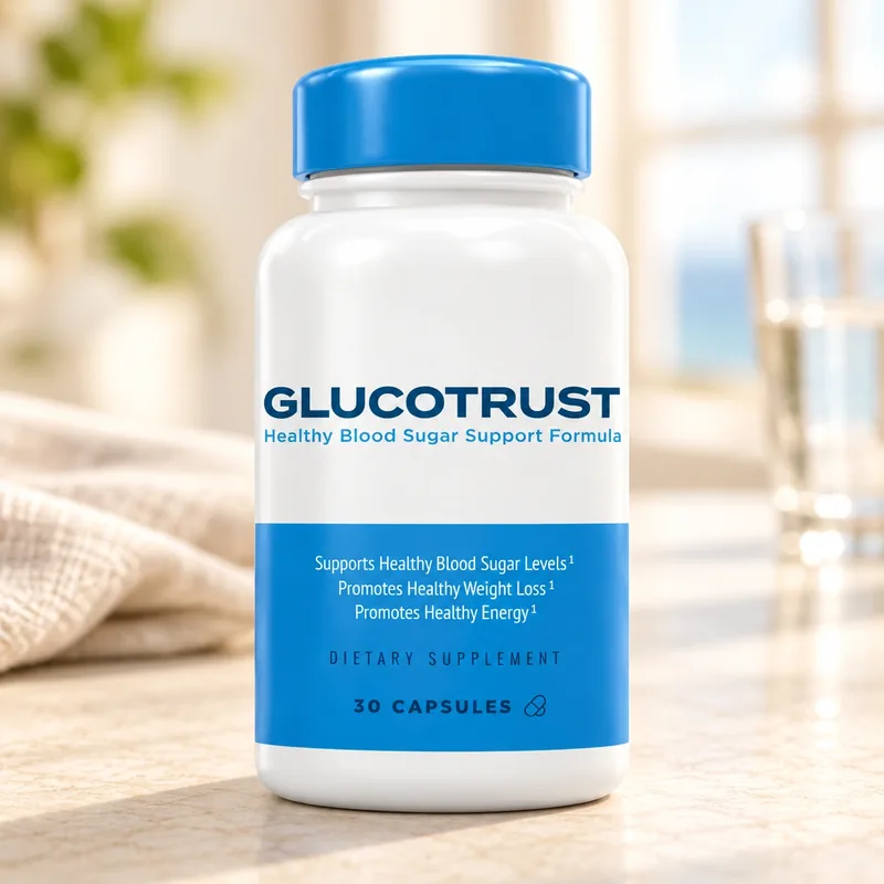 GlucoTrust – słoik kapsułek na stole przy oknie