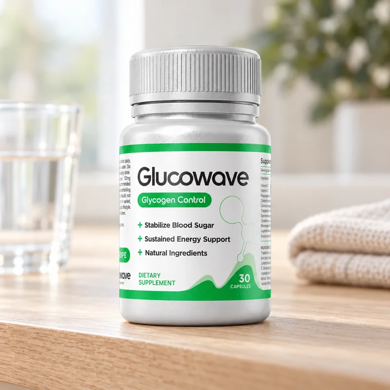 Glucowave – słoik kapsułek na stole obok szklanki wody
