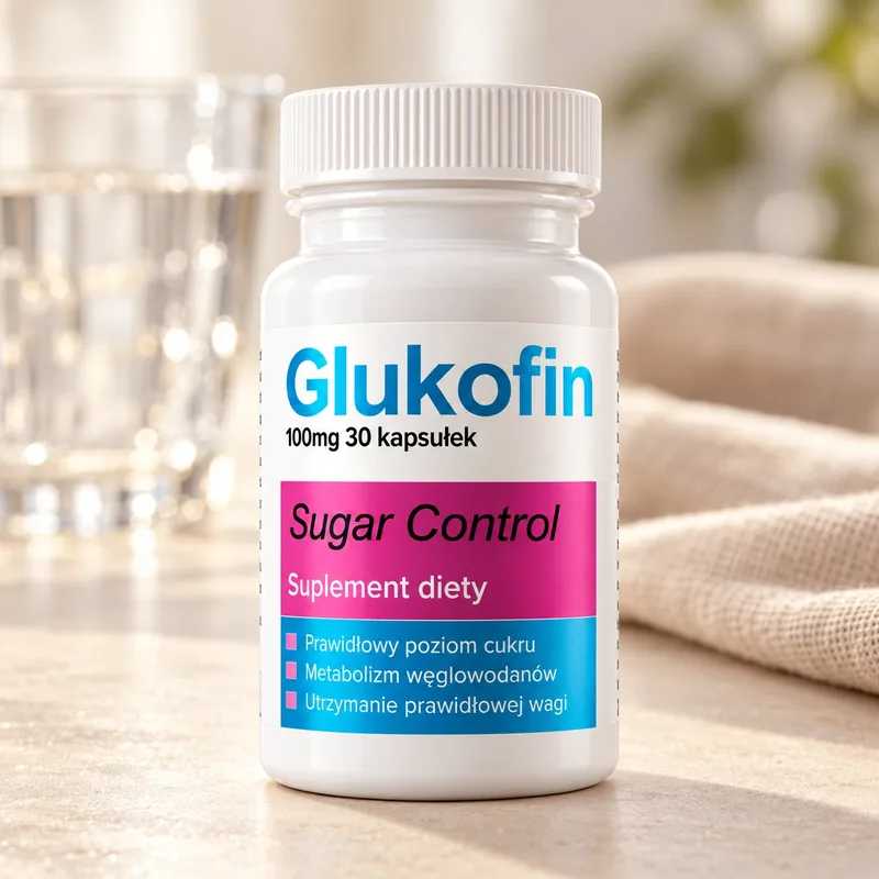 Glukofin – słoik kapsułek obok szklanki wody