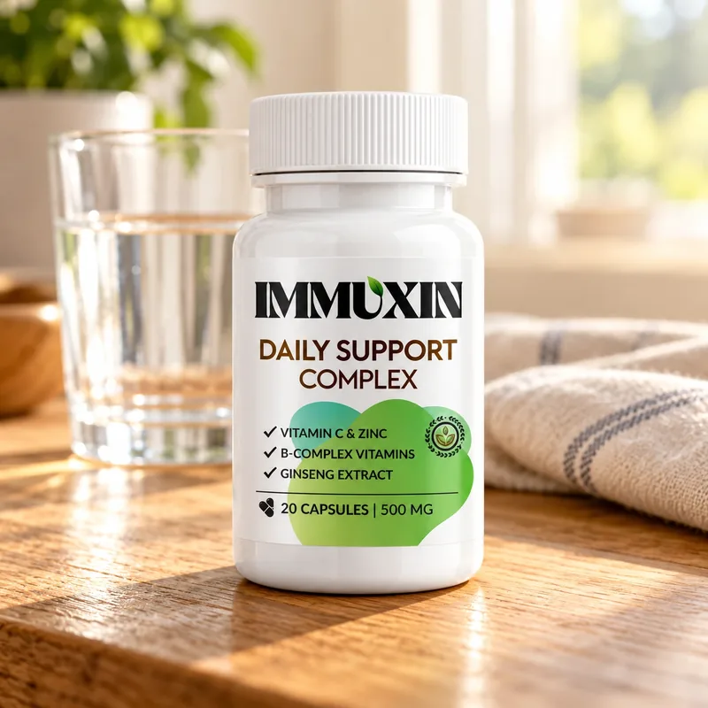 Immuxin – słoik kapsułek obok szklanki wody