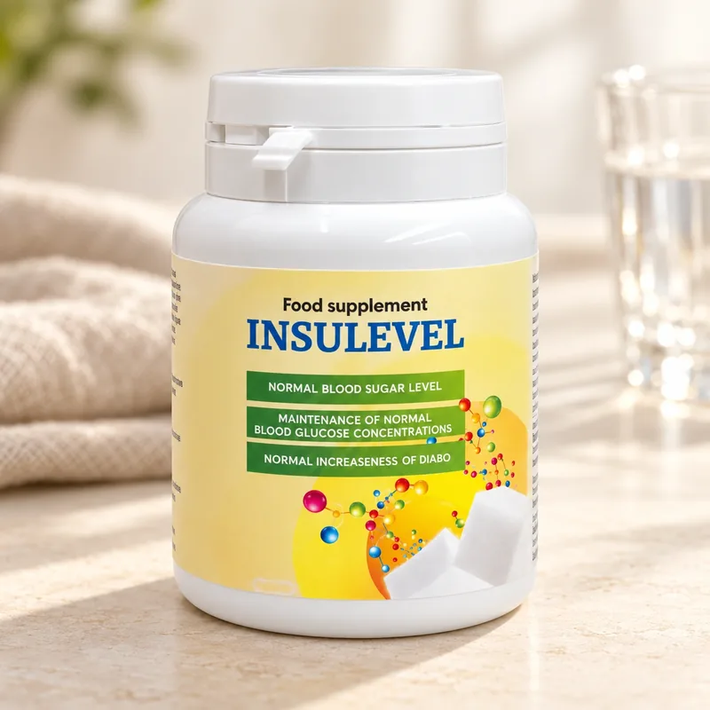 Insulevel – słoik kapsułek obok szklanki wody