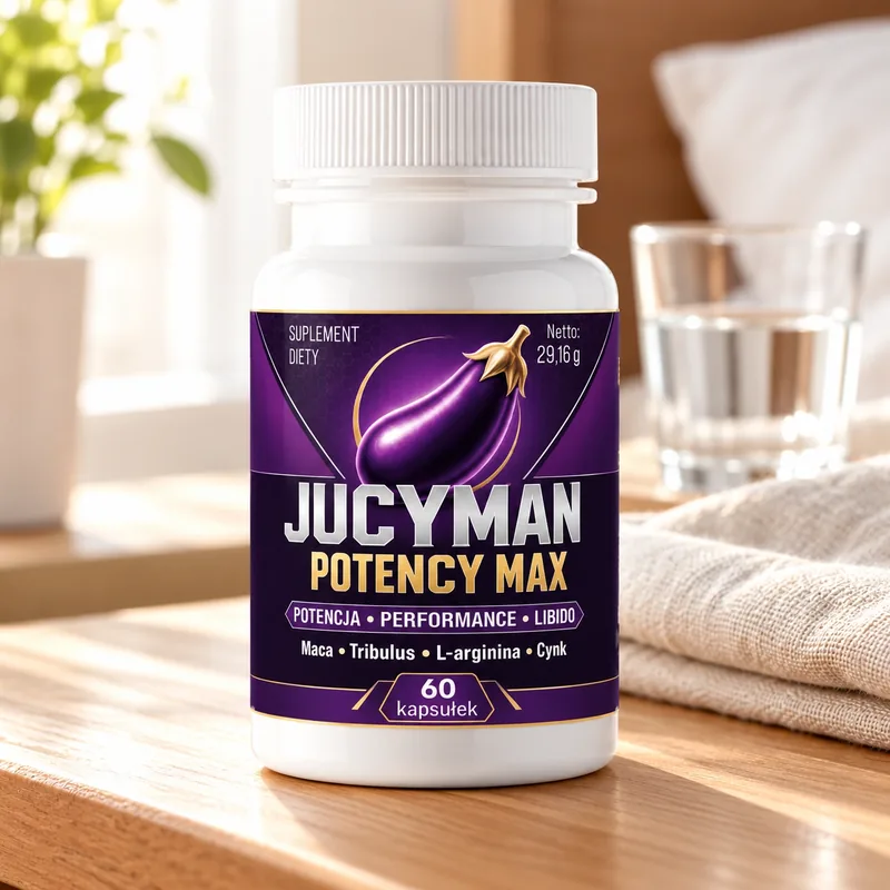 Jucyman Potency Max – słoik kapsułek na stoliku