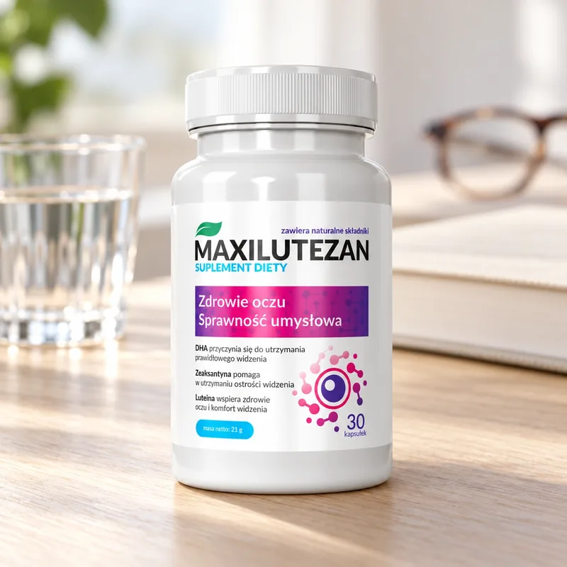 Maxilutezan – słoik kapsułek obok okularów