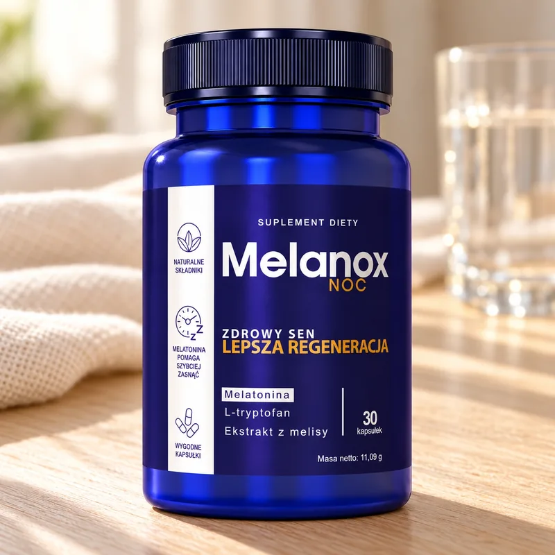 Melanox Noc – słoik kapsułek obok szklanki wody