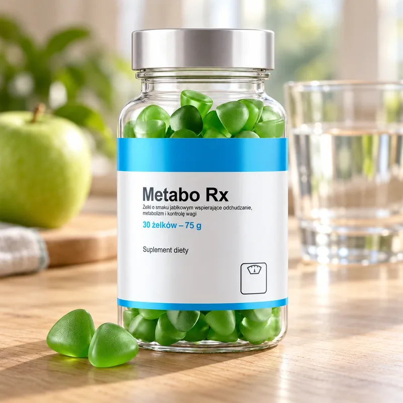 Metabo Rx – słoik żelków obok jabłka