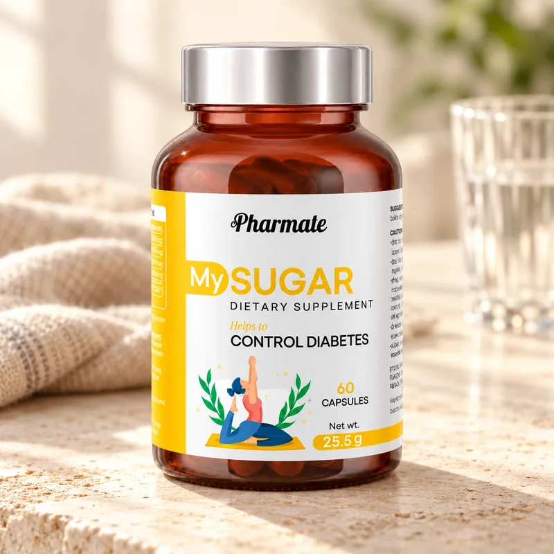 My Sugar – słoik kapsułek obok szklanki wody