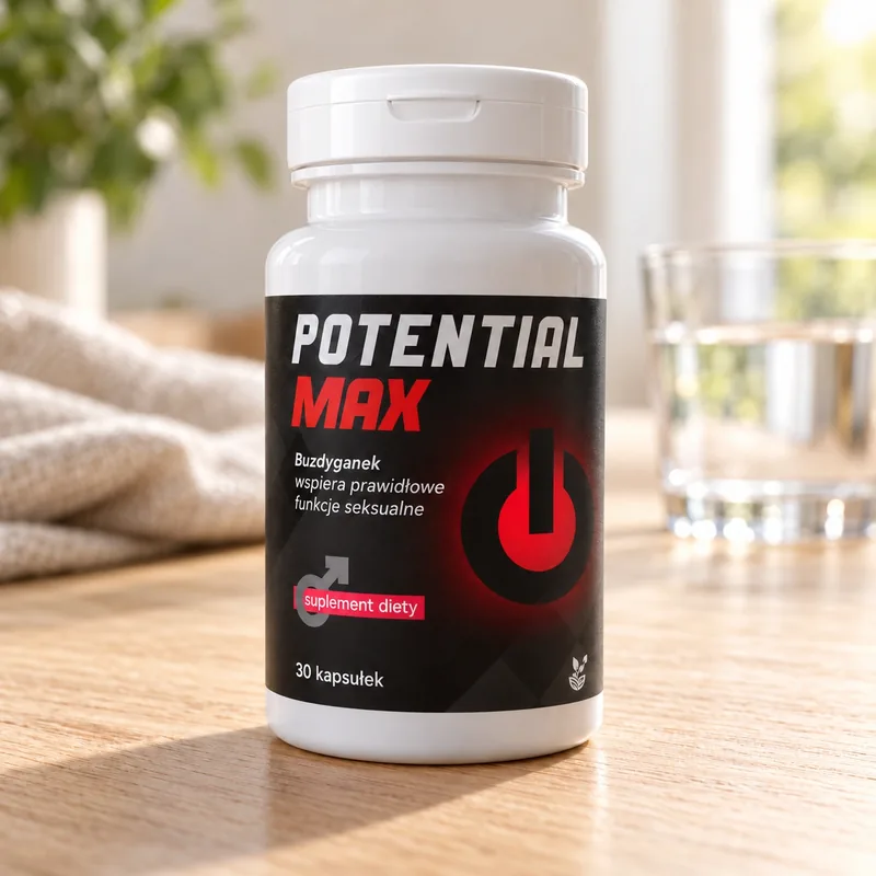 Potential Max – słoik kapsułek obok szklanki wody