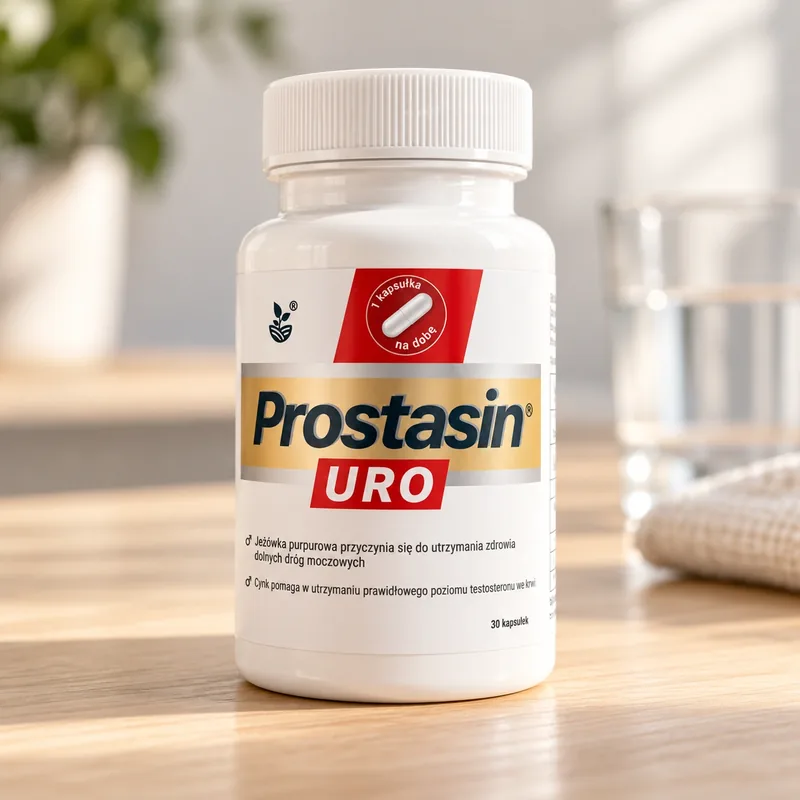 Prostasin Uro – słoik kapsułek obok szklanki wody