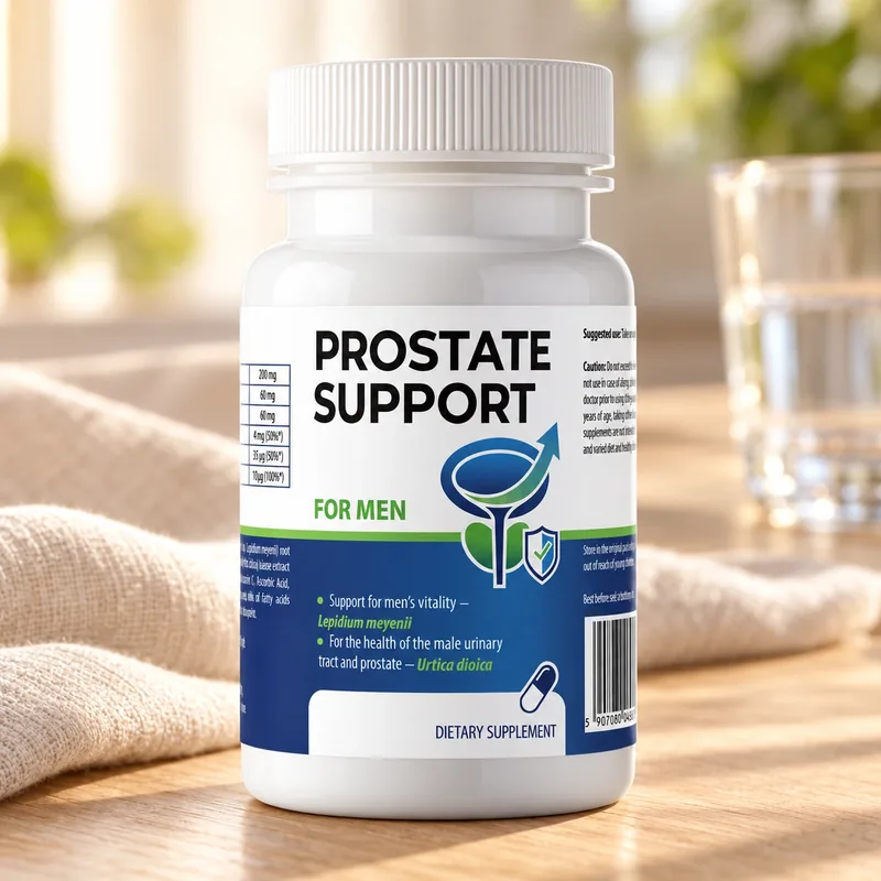 Prostate Support – słoik kapsułek obok szklanki wody