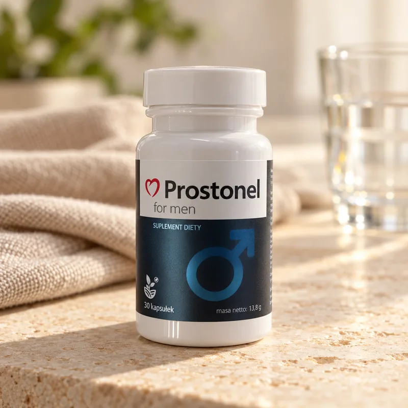 Prostonel – słoik kapsułek obok szklanki wody