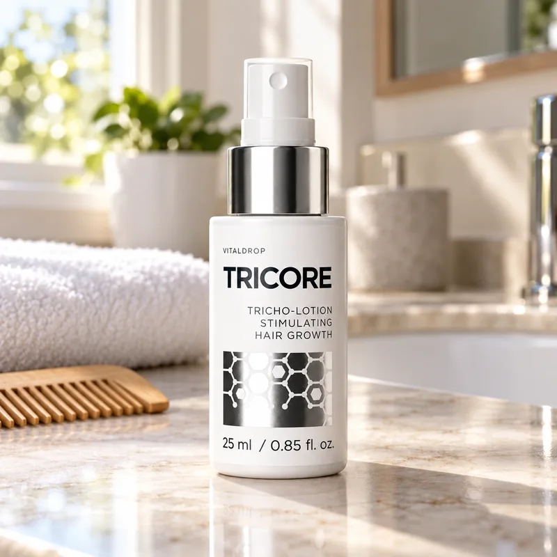 Tricore – spray na blacie w łazience obok drewnianego grzebienia