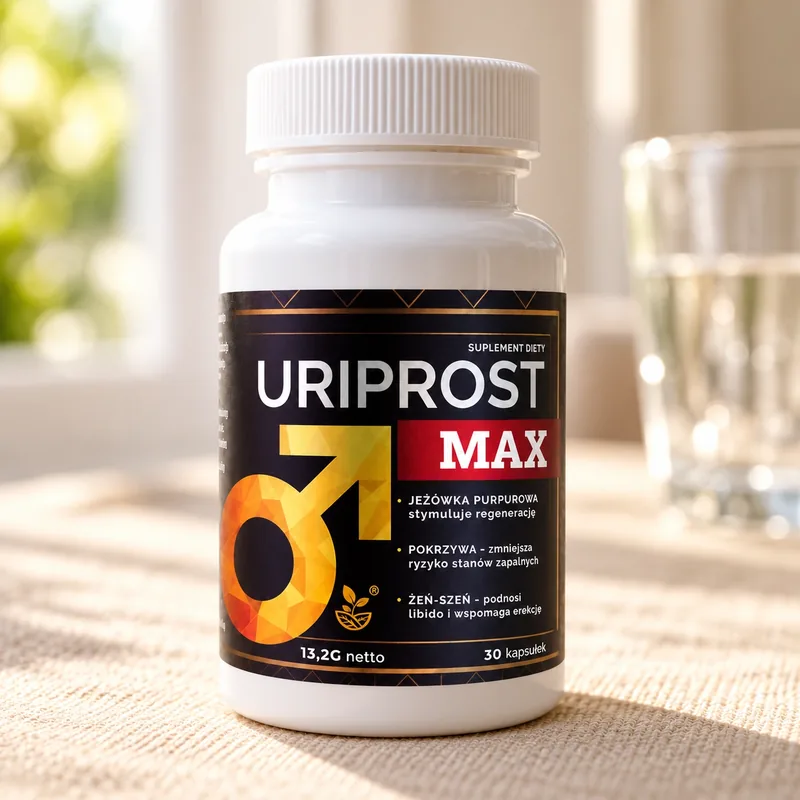 Uriprost Max – słoik kapsułek obok szklanki wody