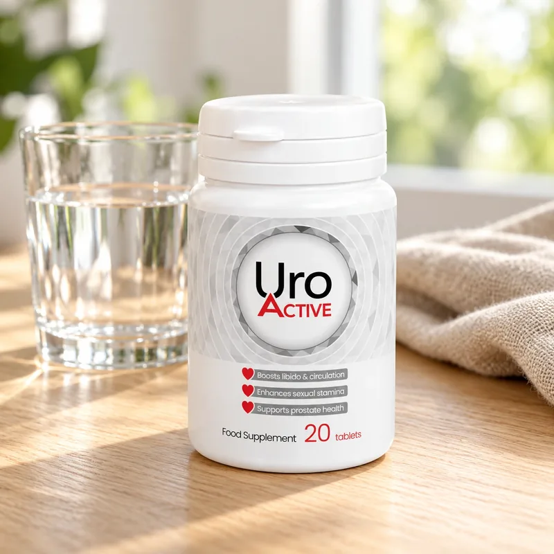 Uro Active – słoik tabletek obok szklanki wody