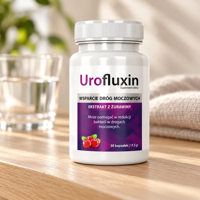 Urofluxin – słoik obok szklanki wody