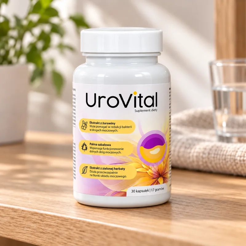 UroVital – słoik obok szklanki wody