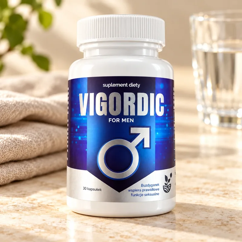 Vigordic – słoik kapsułek obok szklanki wody