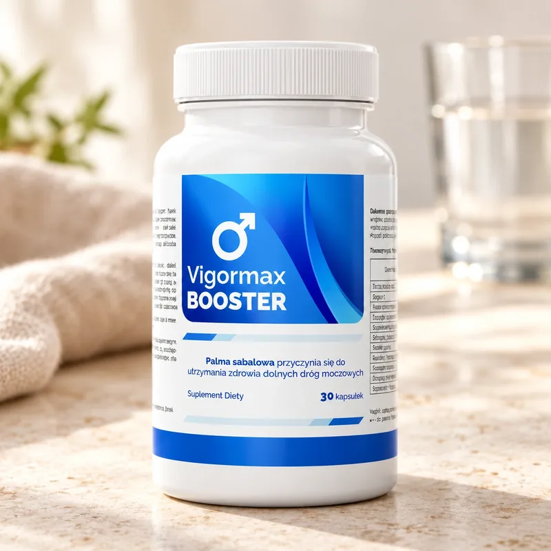 Vigormax Booster – słoik kapsułek obok szklanki wody