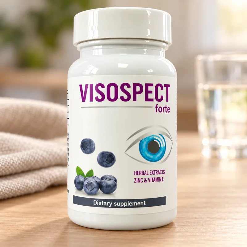 Visospect Forte – słoik kapsułek obok szklanki wody